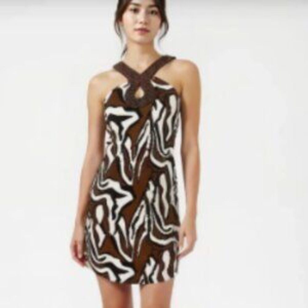INC Beaded Bodice Sleeveless Brown Animal Print Dress S
